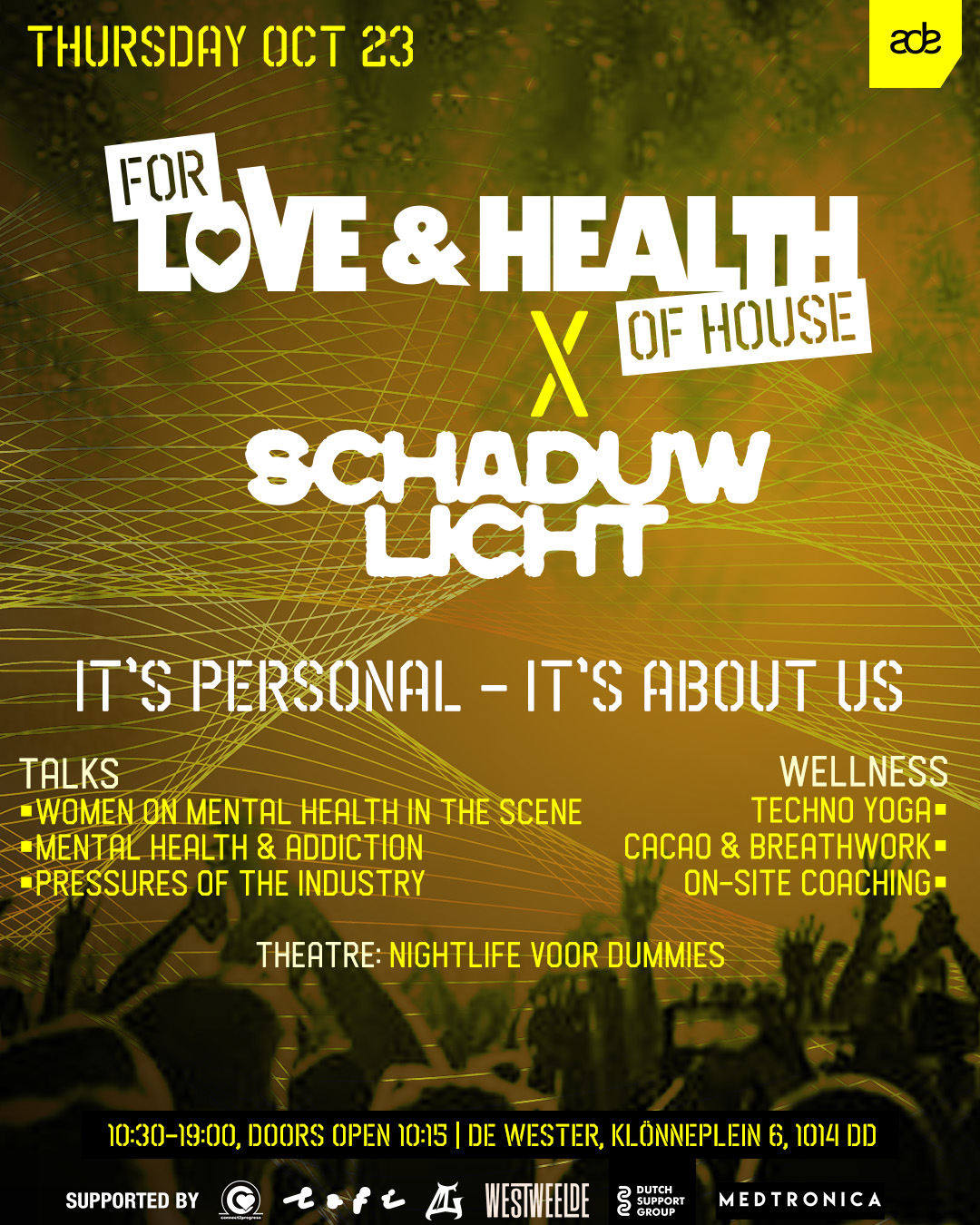 Official flyer for For Love and Health of House x Schaduwlicht at ADE, Thursday 23 October 2025, De Wester