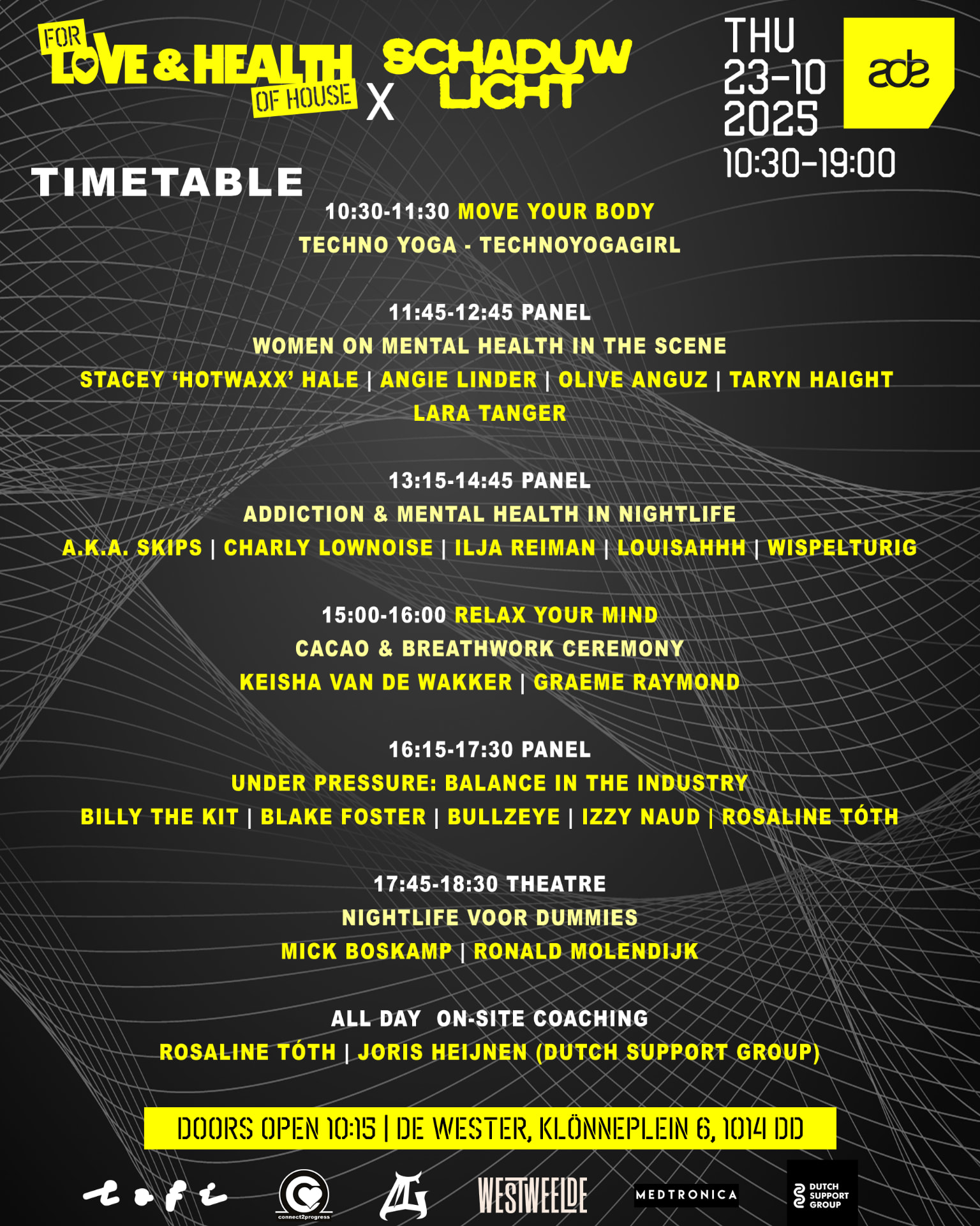 Official timetable flyer for the 2025 edition listing panels, wellness sessions and theatre