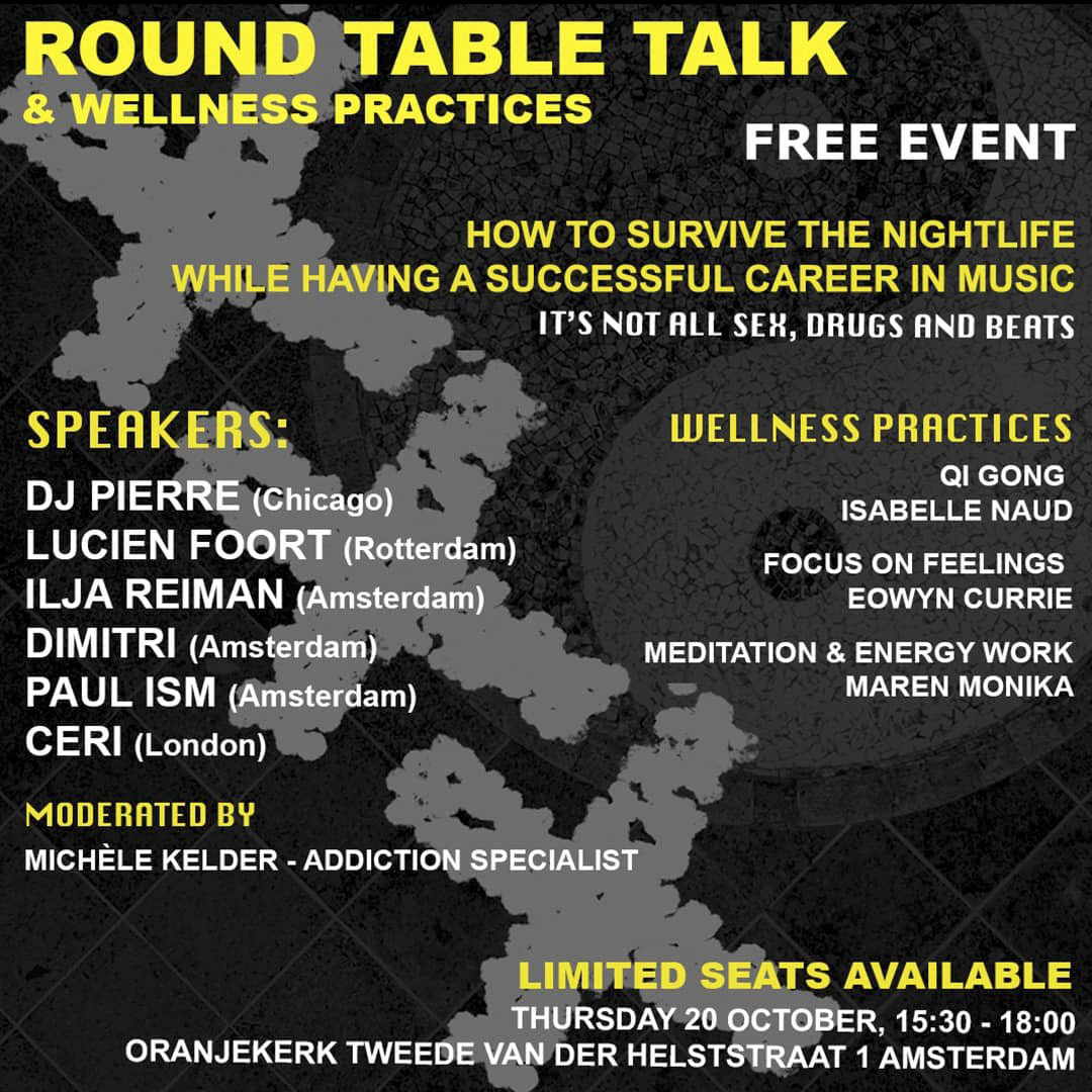 Round Table Talk & Wellness Practices 2022 event flyer: How to survive the nightlife while having a successful career in music