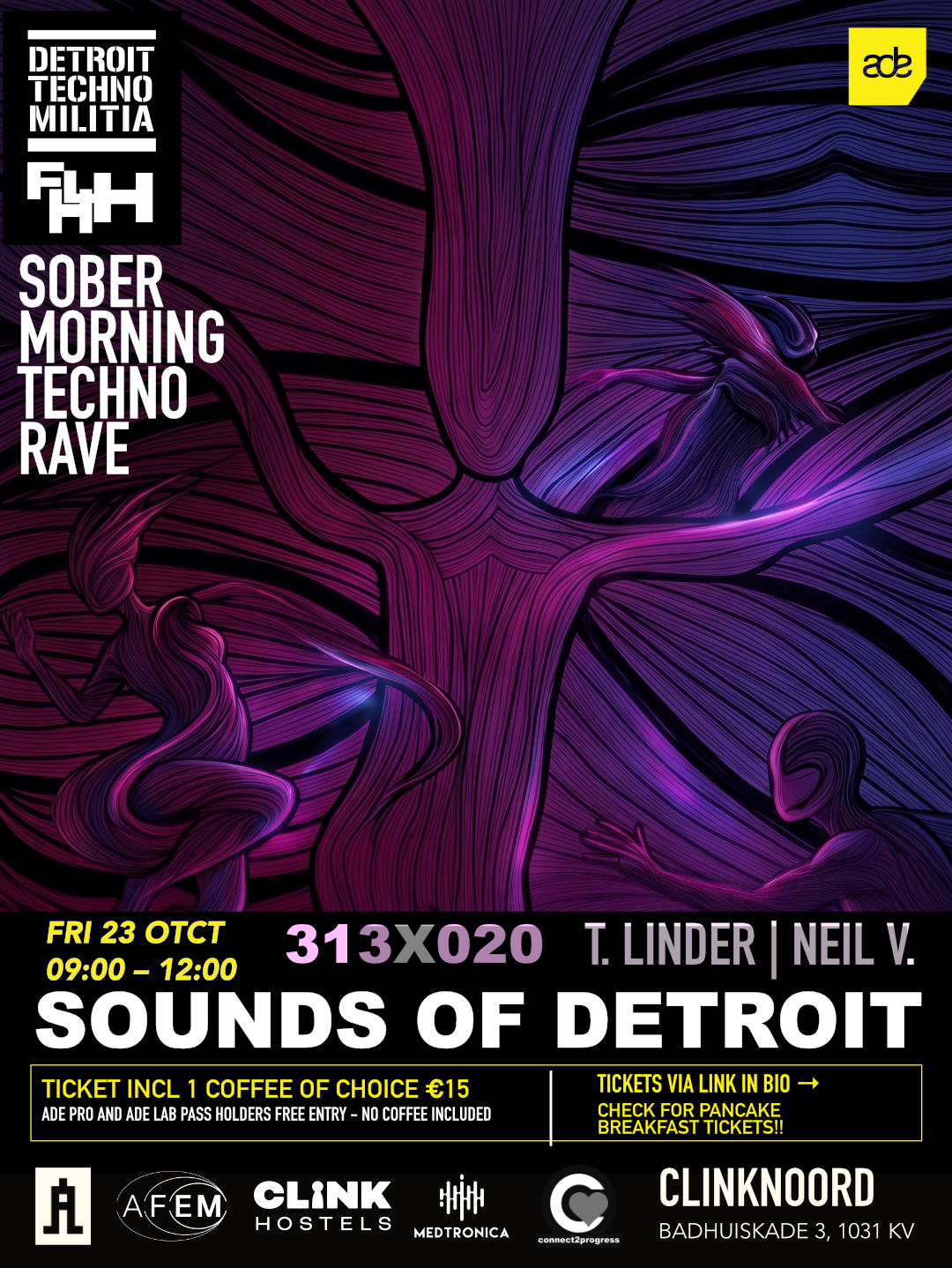 Official flyer for UNWASTED sober morning techno rave at ClinkNOORD, Amsterdam, 23 October 2026